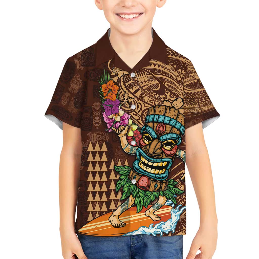 Hawaiian Tiki Mask Surfing Kakau Pattern Family Matching Off Shoulder Maxi Dress and Hawaiian Shirt LT03 Son's Shirt Brown - Polynesian Pride