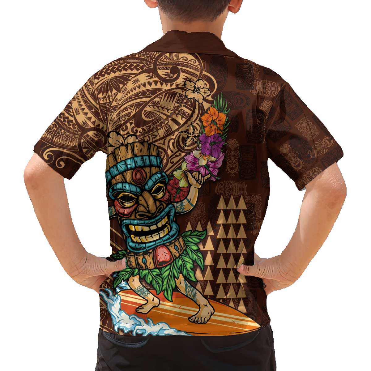 Hawaiian Tiki Mask Surfing Kakau Pattern Family Matching Off Shoulder Short Dress and Hawaiian Shirt LT03 - Polynesian Pride