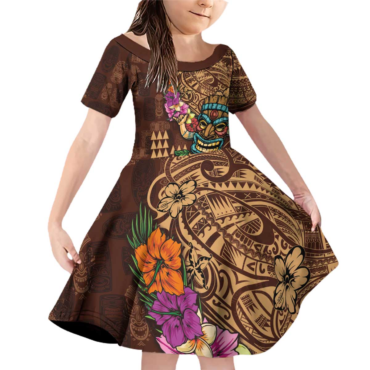 Hawaiian Tiki Mask Surfing Kakau Pattern Family Matching Off Shoulder Short Dress and Hawaiian Shirt LT03 Daughter's Dress Brown - Polynesian Pride