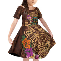 Hawaiian Tiki Mask Surfing Kakau Pattern Family Matching Off Shoulder Short Dress and Hawaiian Shirt LT03 Daughter's Dress Brown - Polynesian Pride