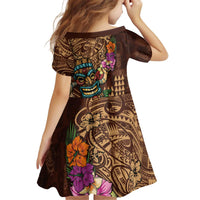 Hawaiian Tiki Mask Surfing Kakau Pattern Family Matching Off Shoulder Short Dress and Hawaiian Shirt LT03 - Polynesian Pride