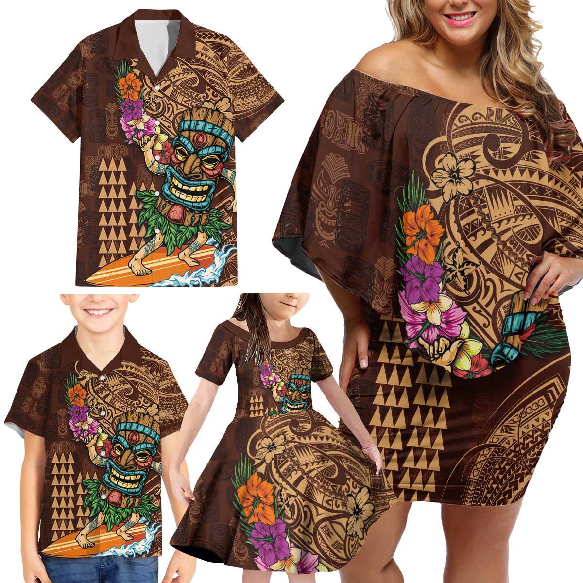 Hawaiian Tiki Mask Surfing Kakau Pattern Family Matching Off Shoulder Short Dress and Hawaiian Shirt LT03 - Polynesian Pride