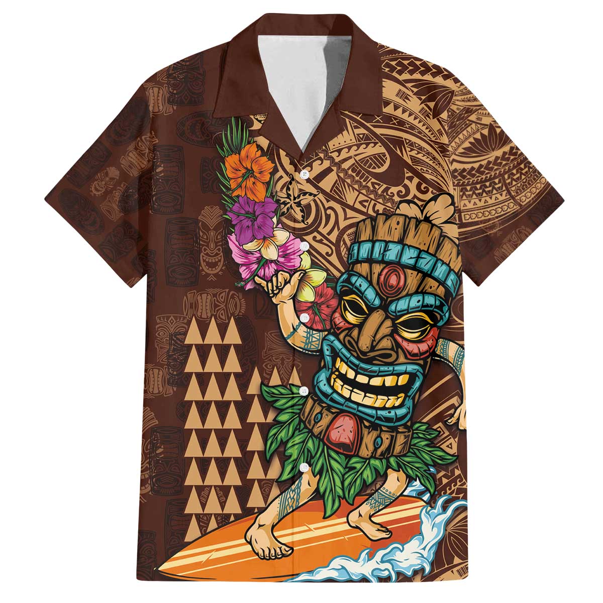 Hawaiian Tiki Mask Surfing Kakau Pattern Family Matching Off Shoulder Short Dress and Hawaiian Shirt LT03 Dad's Shirt - Short Sleeve Brown - Polynesian Pride
