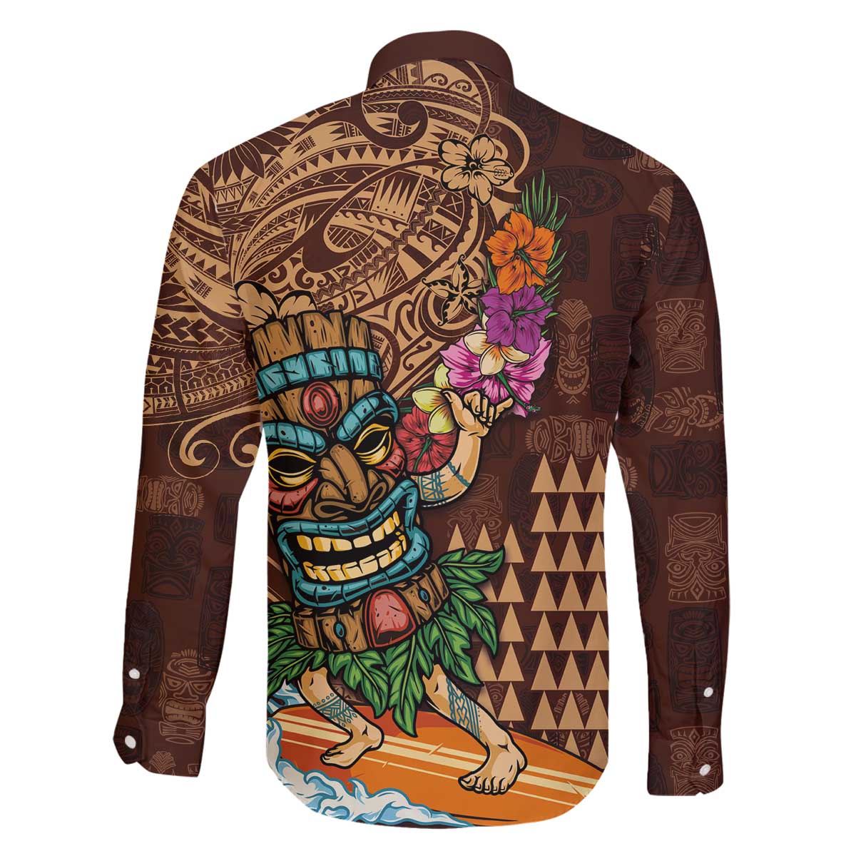 Hawaiian Tiki Mask Surfing Kakau Pattern Family Matching Off Shoulder Short Dress and Hawaiian Shirt LT03 - Polynesian Pride