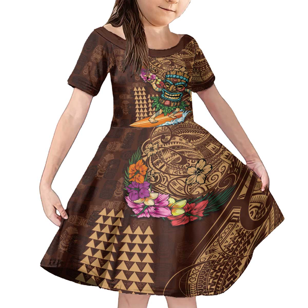 Hawaiian Tiki Mask Surfing Kakau Pattern Family Matching Puletasi and Hawaiian Shirt LT03 Daughter's Dress Brown - Polynesian Pride