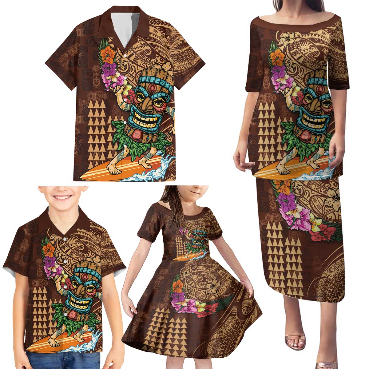 Hawaiian Tiki Mask Surfing Kakau Pattern Family Matching Puletasi and Hawaiian Shirt LT03 - Polynesian Pride