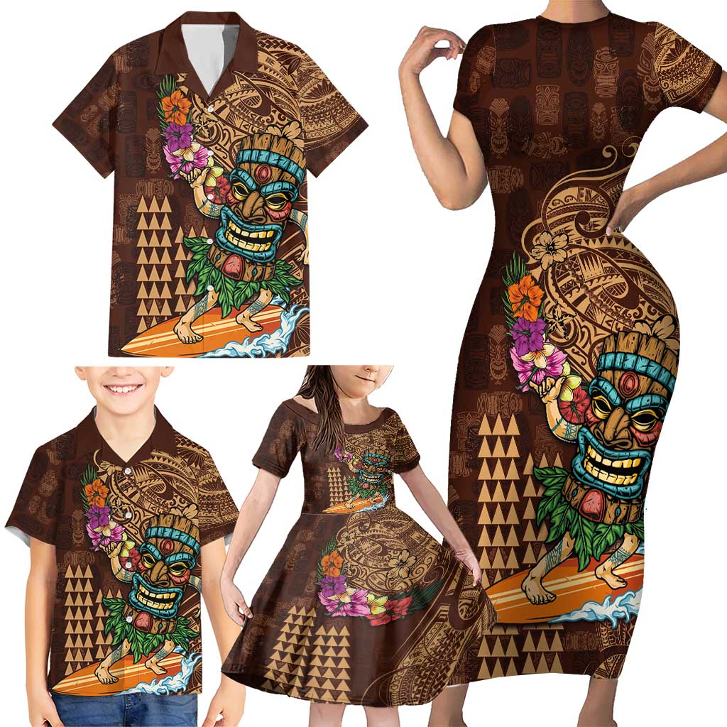 Hawaiian Tiki Mask Surfing Kakau Pattern Family Matching Short Sleeve Bodycon Dress and Hawaiian Shirt