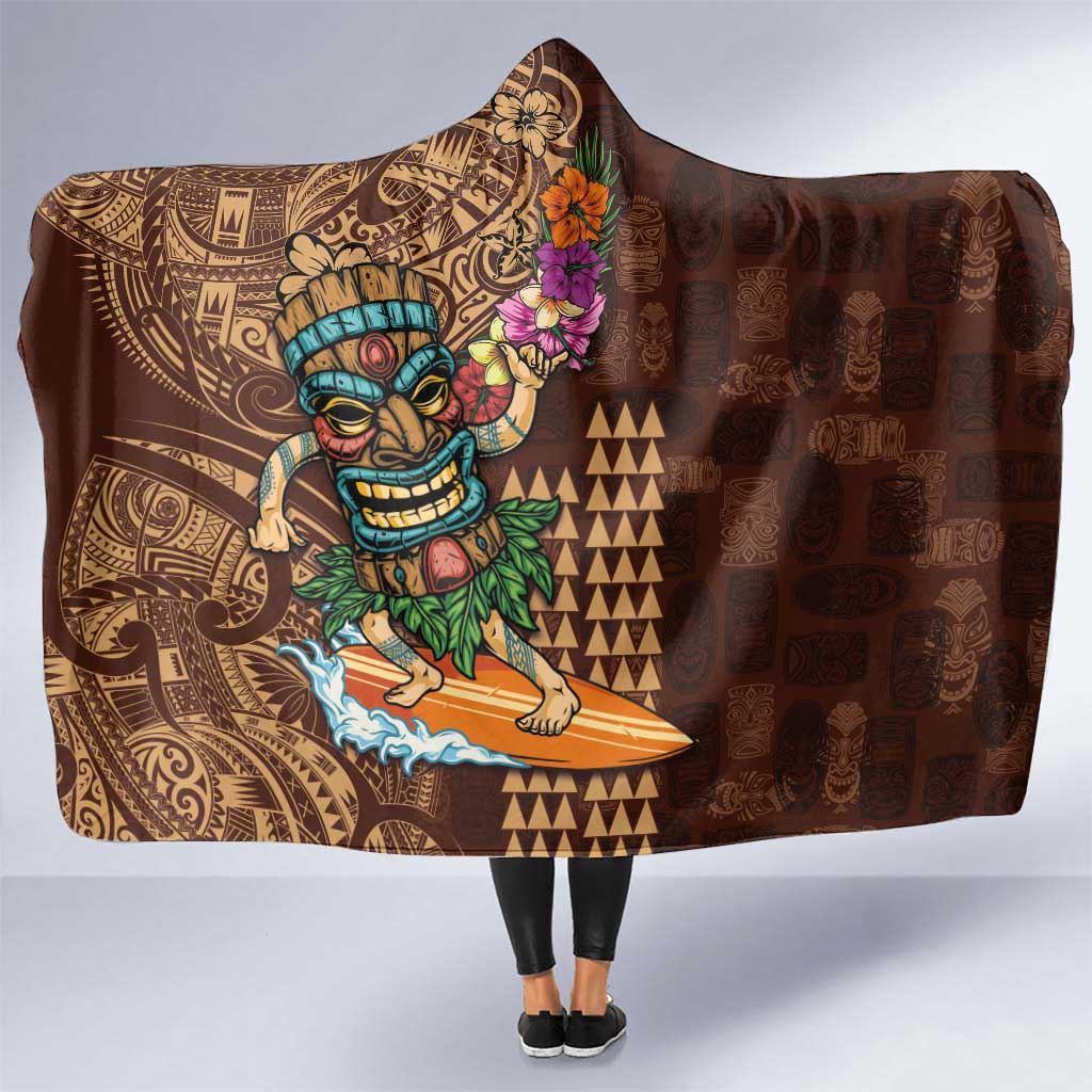 Hawaiian Tiki Mask Surfing Kakau Pattern Hooded Blanket LT03 One Size Brown - Polynesian Pride
