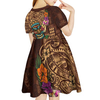 Hawaiian Tiki Mask Surfing Kakau Pattern Kid Short Sleeve Dress