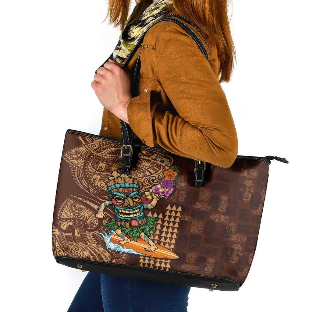 Hawaiian Tiki Mask Surfing Kakau Pattern Leather Tote Bag LT03 Brown - Polynesian Pride