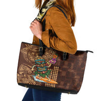 Hawaiian Tiki Mask Surfing Kakau Pattern Leather Tote Bag LT03 Brown - Polynesian Pride