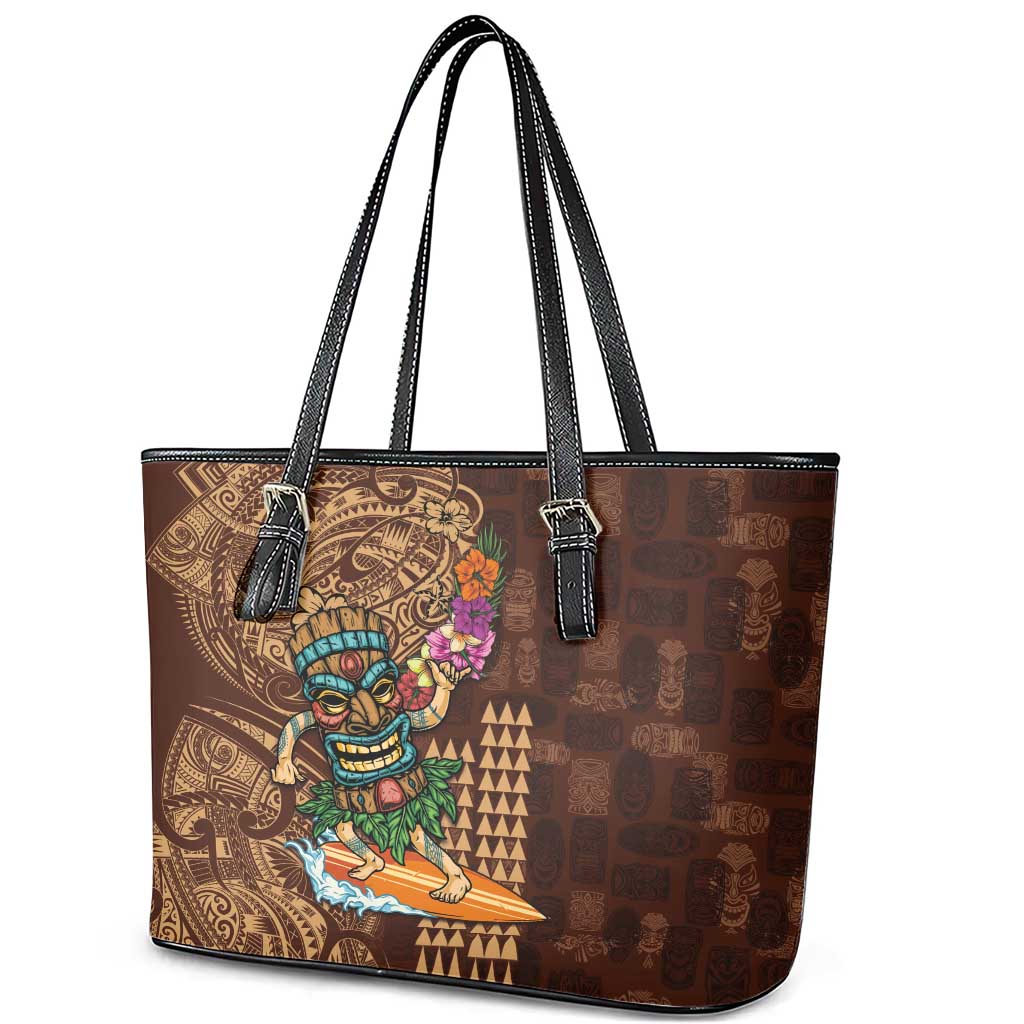 Hawaiian Tiki Mask Surfing Kakau Pattern Leather Tote Bag LT03 - Polynesian Pride
