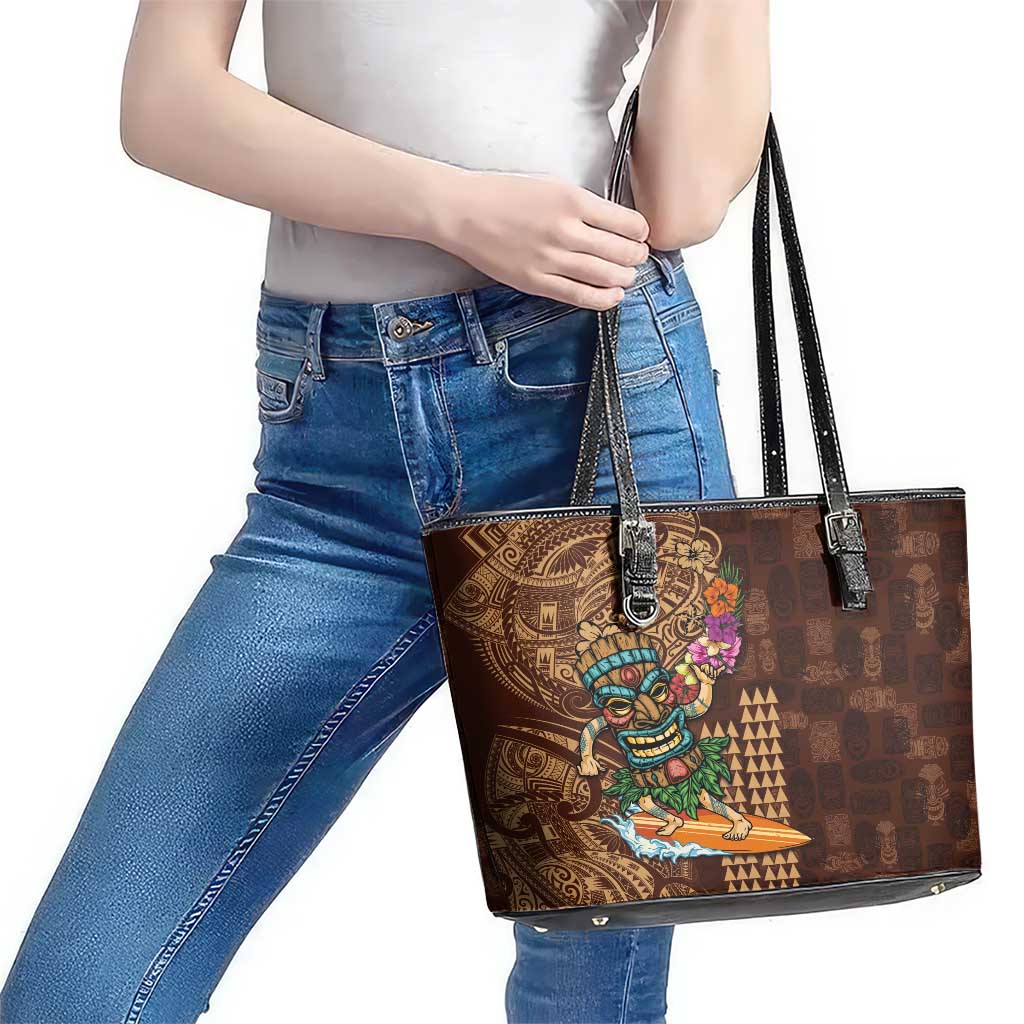 Hawaiian Tiki Mask Surfing Kakau Pattern Leather Tote Bag LT03 - Polynesian Pride