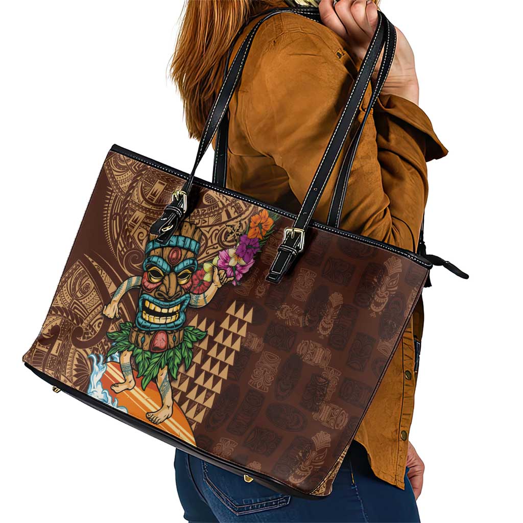 Hawaiian Tiki Mask Surfing Kakau Pattern Leather Tote Bag LT03 - Polynesian Pride