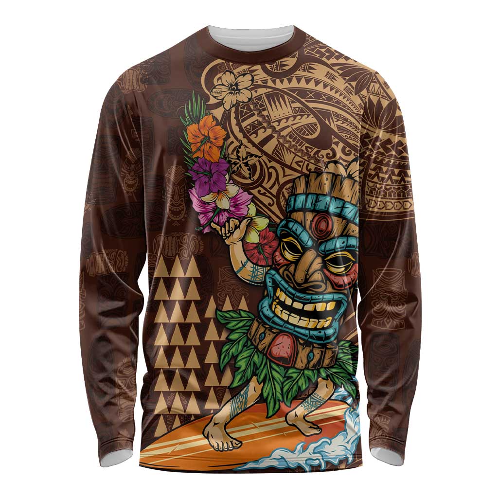 Hawaiian Tiki Mask Surfing Kakau Pattern Long Sleeve Shirt