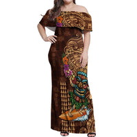 Hawaiian Tiki Mask Surfing Kakau Pattern Off Shoulder Maxi Dress LT03 Women Brown - Polynesian Pride