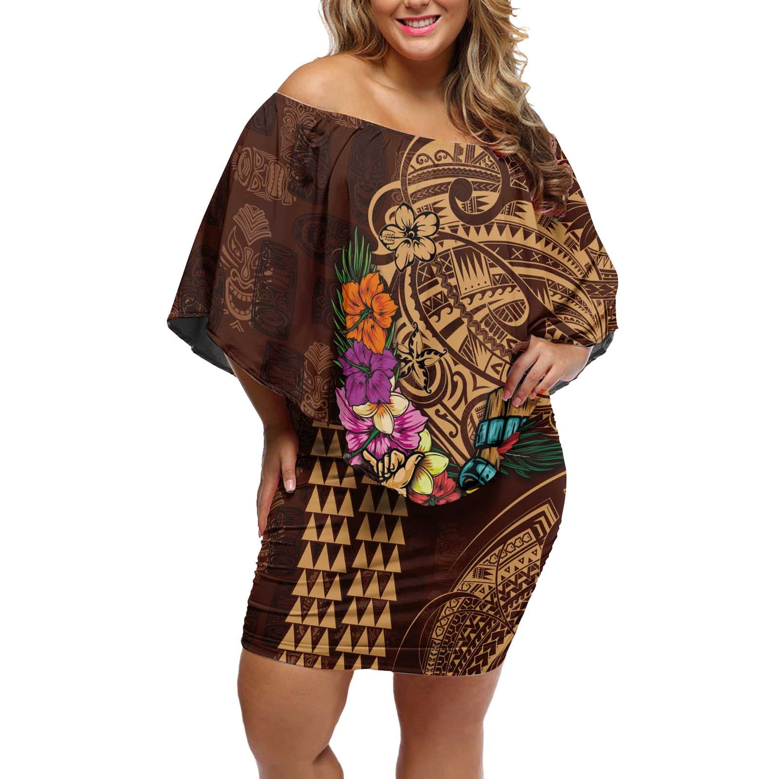 Hawaiian Tiki Mask Surfing Kakau Pattern Off Shoulder Short Dress LT03 Women Brown - Polynesian Pride