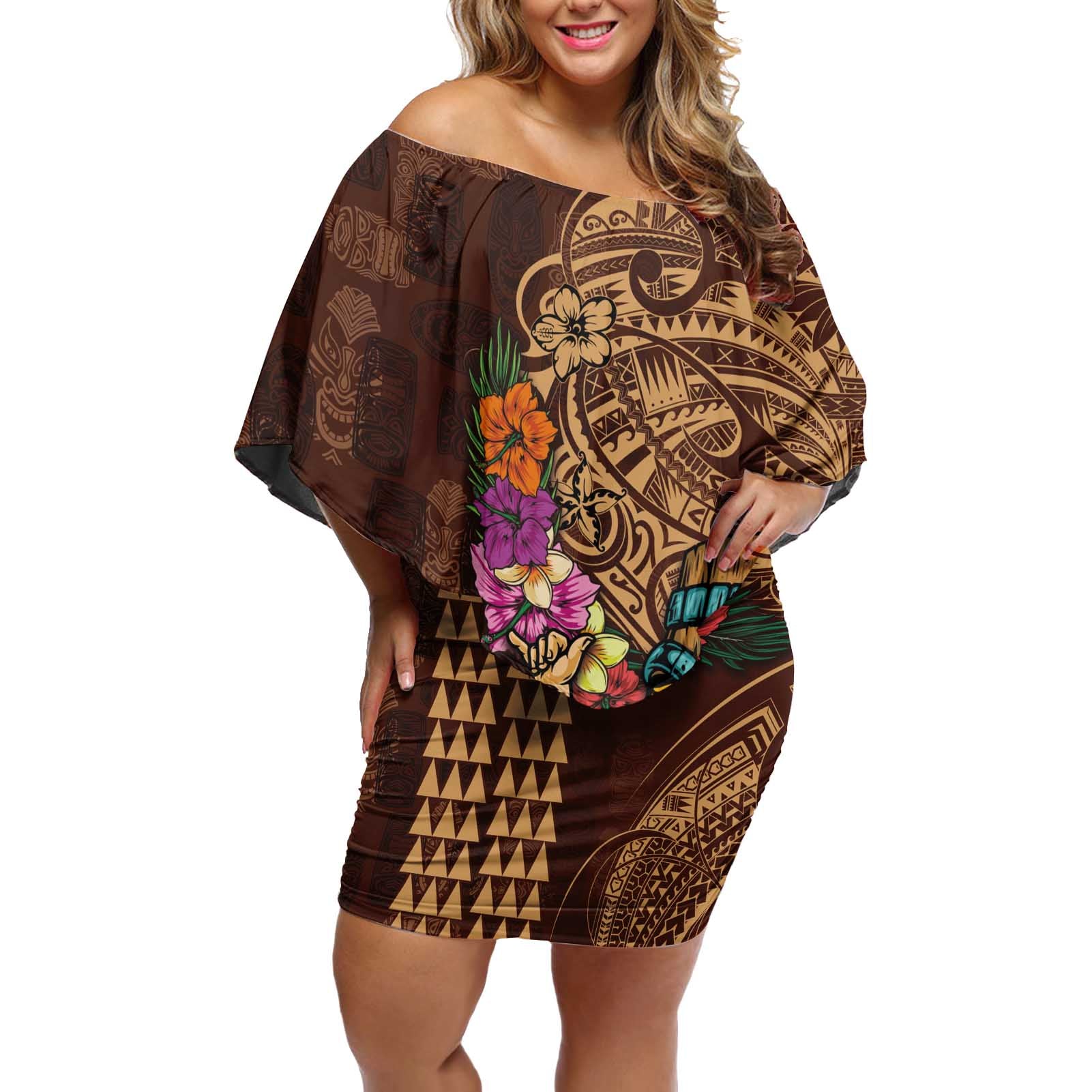 Hawaiian Tiki Mask Surfing Kakau Pattern Off Shoulder Short Dress