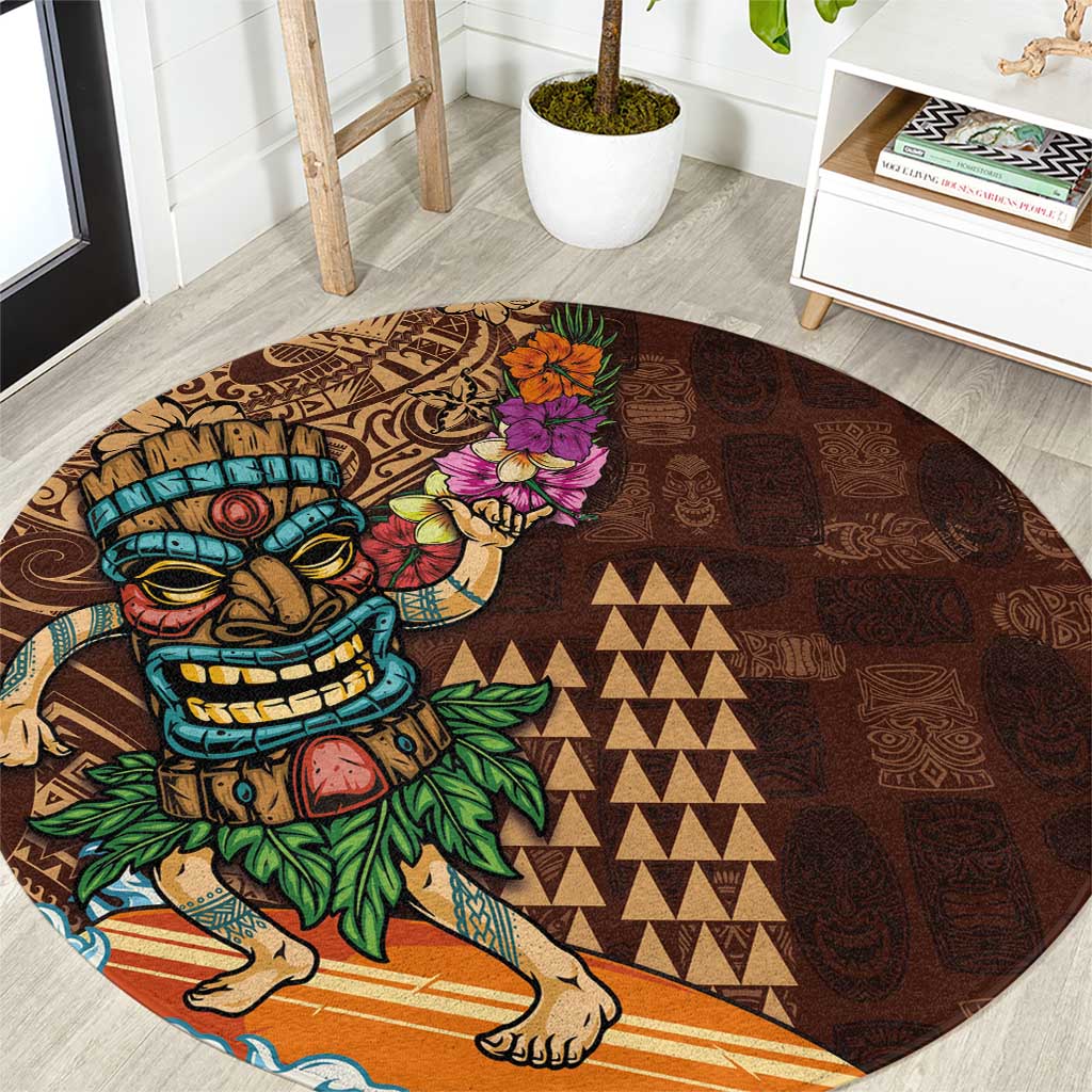 Hawaiian Tiki Mask Surfing Kakau Pattern Round Carpet