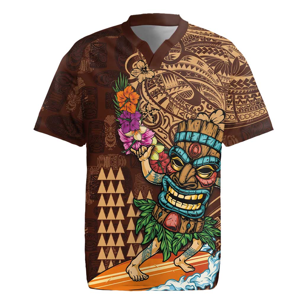 Hawaiian Tiki Mask Surfing Kakau Pattern Rugby Jersey LT03 Brown - Polynesian Pride