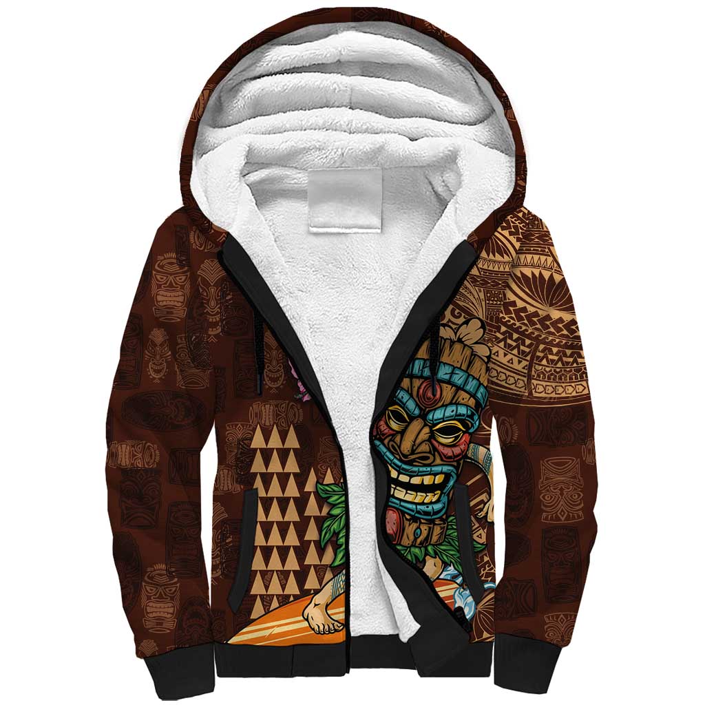 Hawaiian Tiki Mask Surfing Kakau Pattern Sherpa Hoodie LT03 Unisex Brown - Polynesian Pride