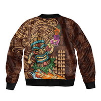 Hawaiian Tiki Mask Surfing Kakau Pattern Sleeve Zip Bomber Jacket