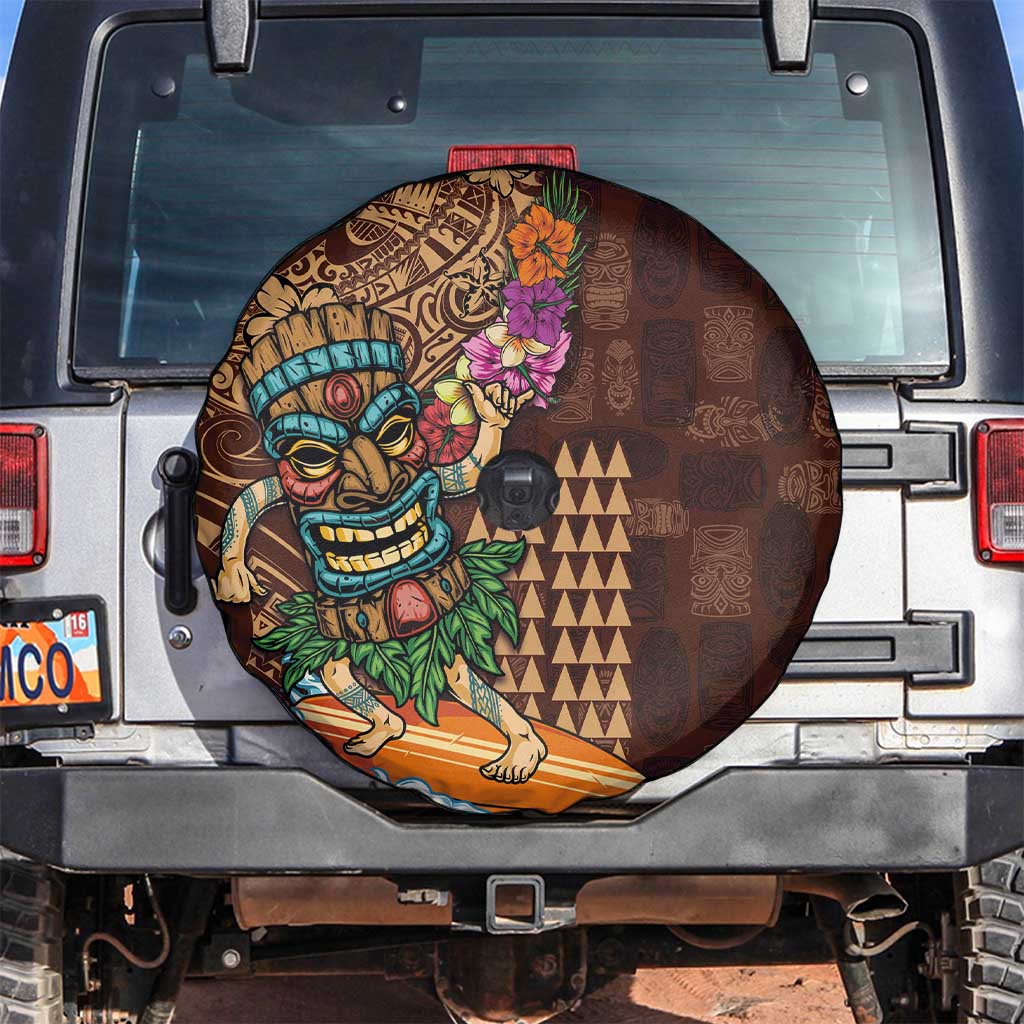 Hawaiian Tiki Mask Surfing Kakau Pattern Spare Tire Cover