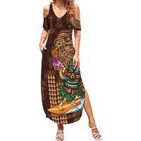 Hawaiian Tiki Mask Surfing Kakau Pattern Summer Maxi Dress LT03 Women Brown - Polynesian Pride