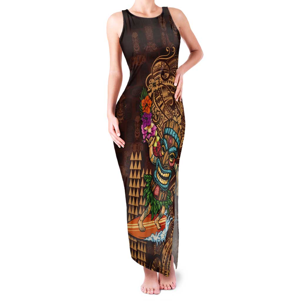 Hawaiian Tiki Mask Surfing Kakau Pattern Tank Maxi Dress LT03 Women Brown - Polynesian Pride