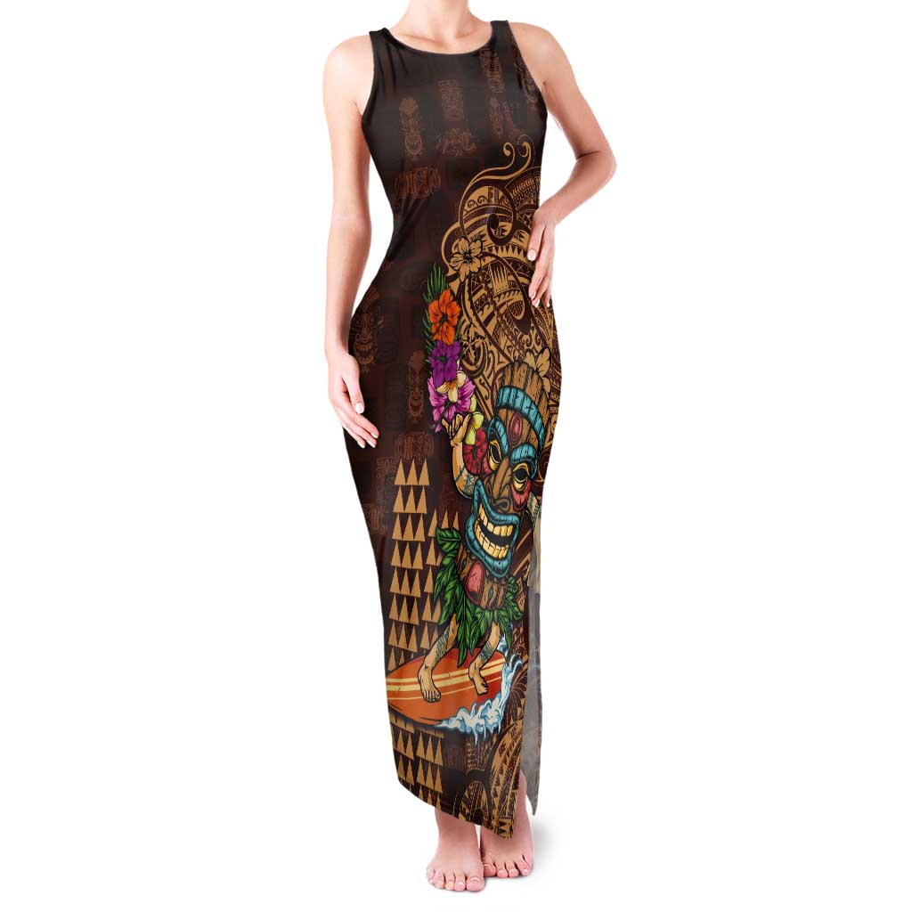 Hawaiian Tiki Mask Surfing Kakau Pattern Tank Maxi Dress