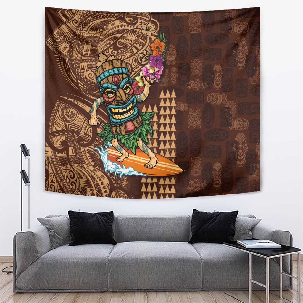 Hawaiian Tiki Mask Surfing Kakau Pattern Tapestry