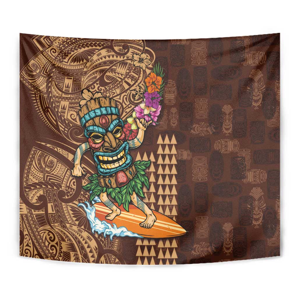 Hawaiian Tiki Mask Surfing Kakau Pattern Tapestry