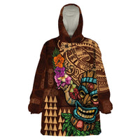 Hawaiian Tiki Mask Surfing Kakau Pattern Wearable Blanket Hoodie LT03 One Size Brown - Polynesian Pride