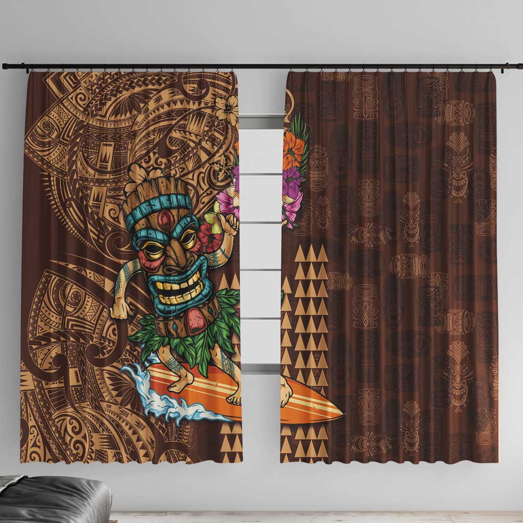 Hawaiian Tiki Mask Surfing Kakau Pattern Window Curtain LT03 With Hooks Brown - Polynesian Pride