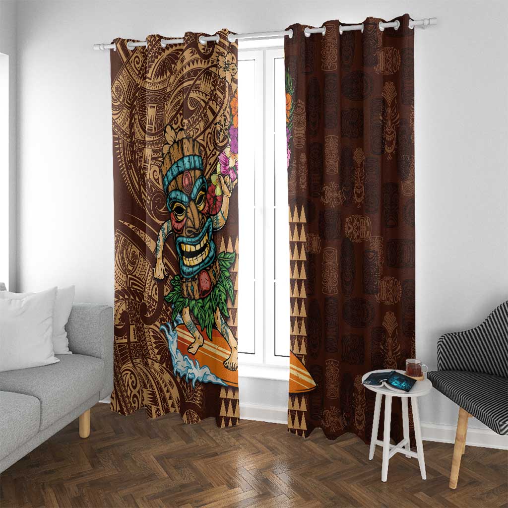Hawaiian Tiki Mask Surfing Kakau Pattern Window Curtain LT03 With Grommets Brown - Polynesian Pride