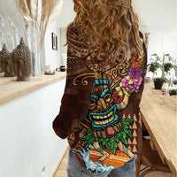 Hawaiian Tiki Mask Surfing Kakau Pattern Women Casual Shirt