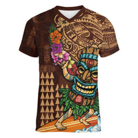 Hawaiian Tiki Mask Surfing Kakau Pattern Women V-Neck T-Shirt