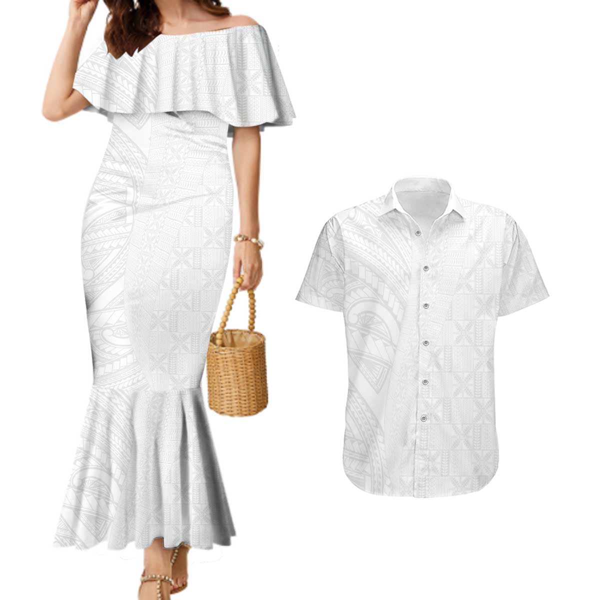 Niue White Sunday Couples Matching Mermaid Dress and Hawaiian Shirt Hiapo Tribal Art Tattoos - Polynesian Pride