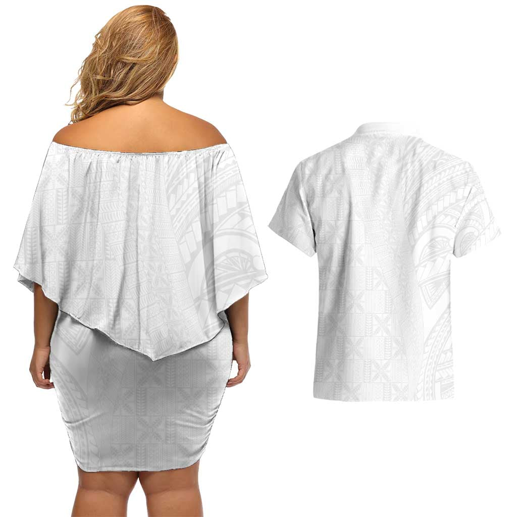 Niue White Sunday Couples Matching Off Shoulder Short Dress and Hawaiian Shirt Hiapo Tribal Art Tattoos - Polynesian Pride