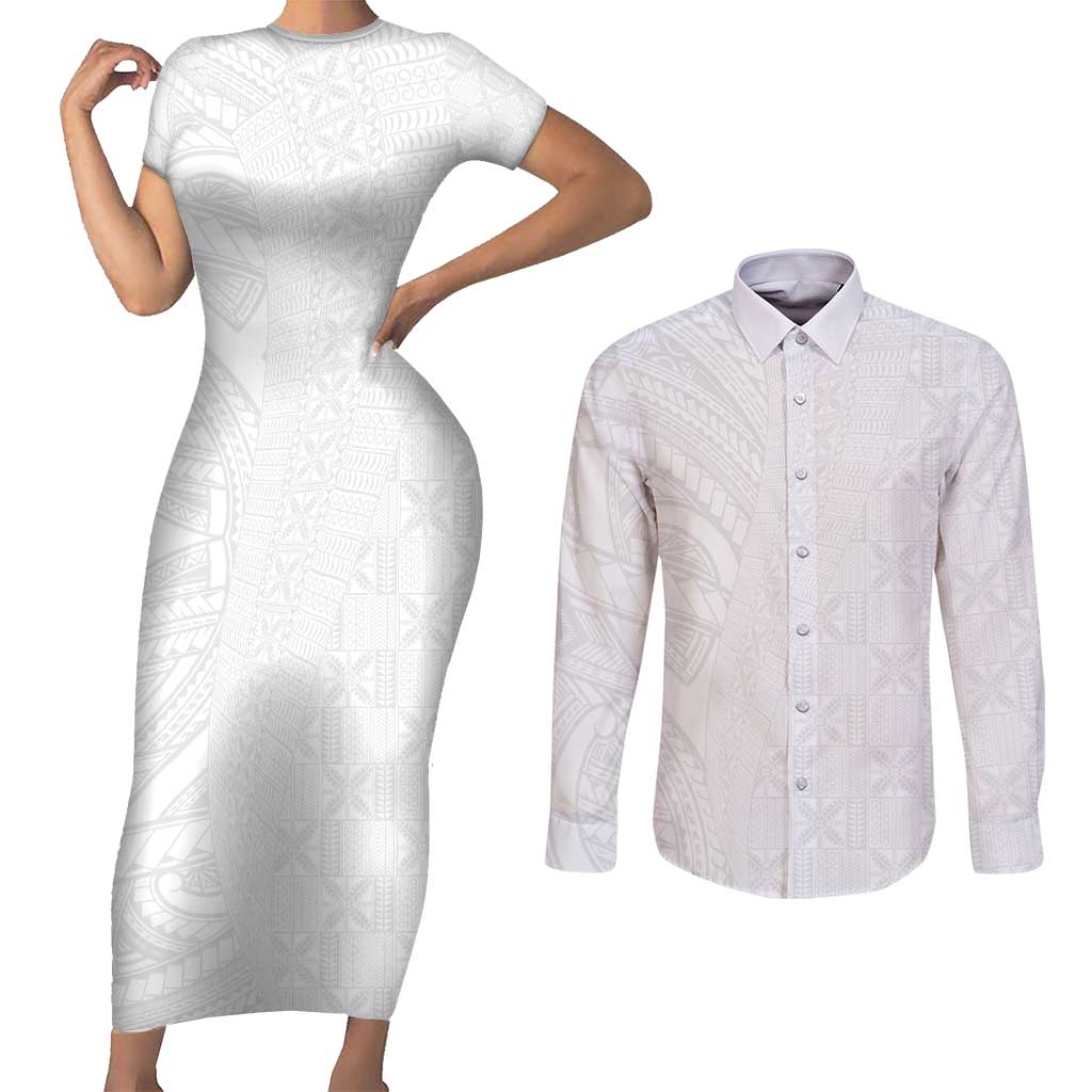 Niue White Sunday Couples Matching Short Sleeve Bodycon Dress and Long Sleeve Button Shirt Hiapo Tribal Art Tattoos - Polynesian Pride