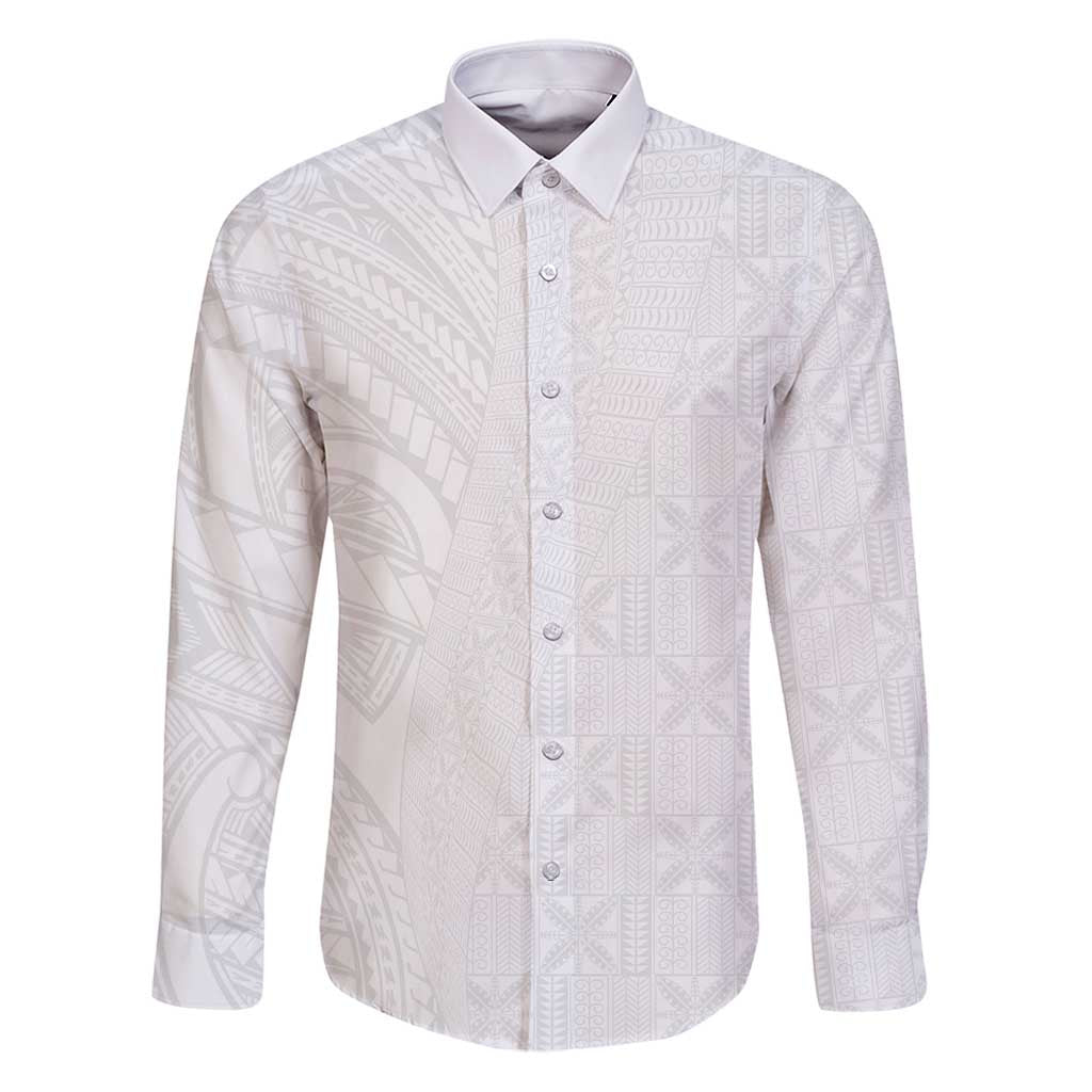 Niue White Sunday Family Matching Puletasi and Hawaiian Shirt Hiapo Tribal Art Tattoos LT03 Dad's Shirt - Long Sleeve White - Polynesian Pride