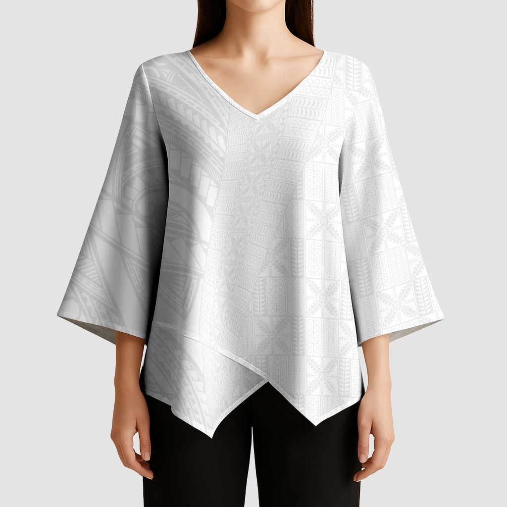 Niue White Sunday Kimono Sleeve Blouse Hiapo Tribal Art Tattoos LT03 - Polynesian Pride