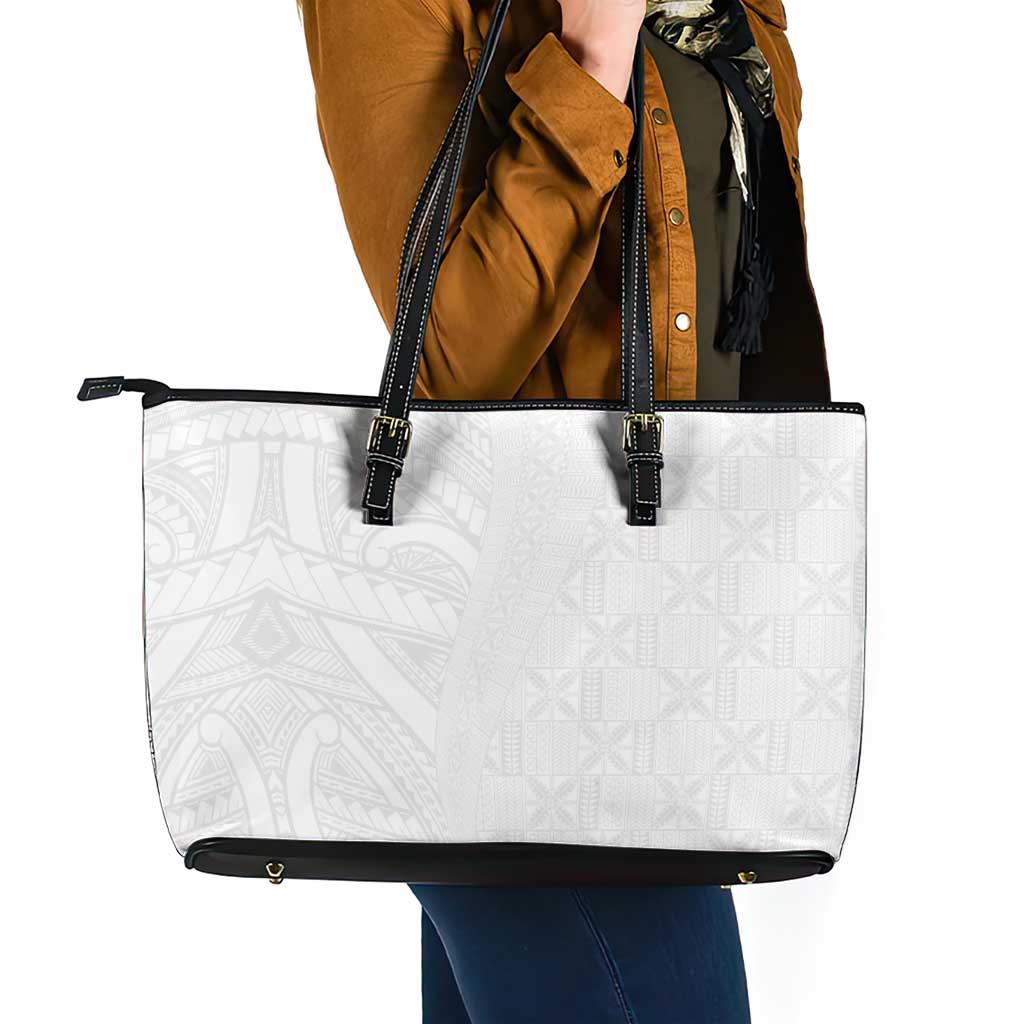 Niue White Sunday Leather Tote Bag Hiapo Tribal Art Tattoos LT03 - Polynesian Pride