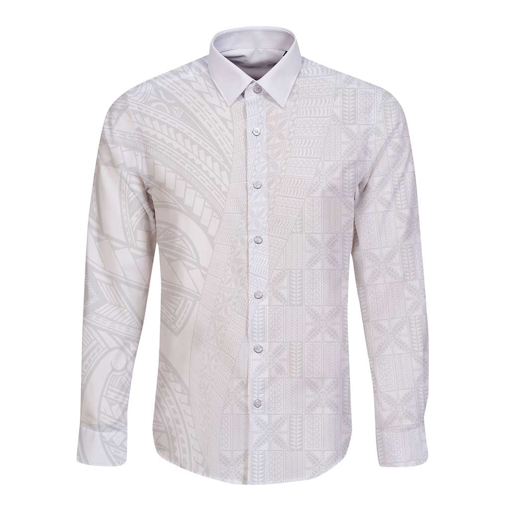 Niue White Sunday Long Sleeve Button Shirt Hiapo Tribal Art Tattoos LT03 Unisex White - Polynesian Pride