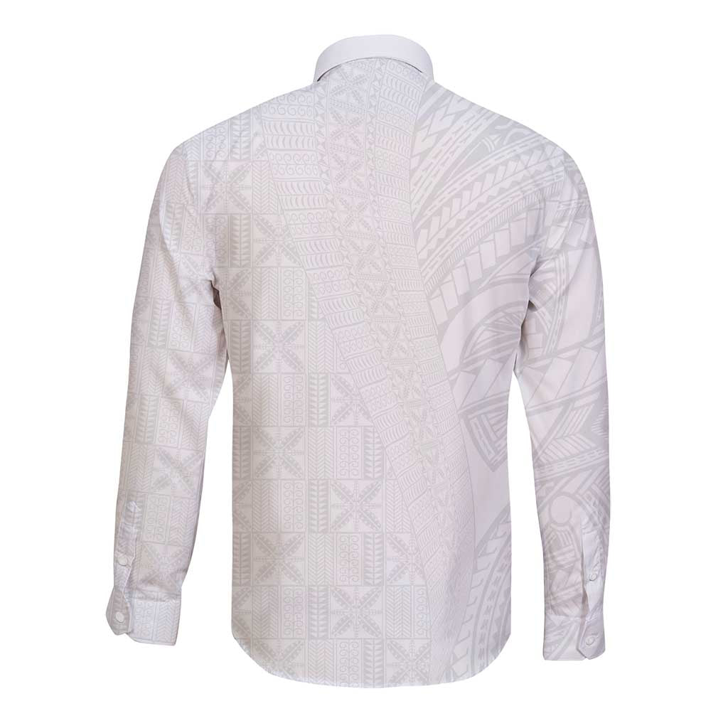 Niue White Sunday Long Sleeve Button Shirt Hiapo Tribal Art Tattoos LT03 - Polynesian Pride