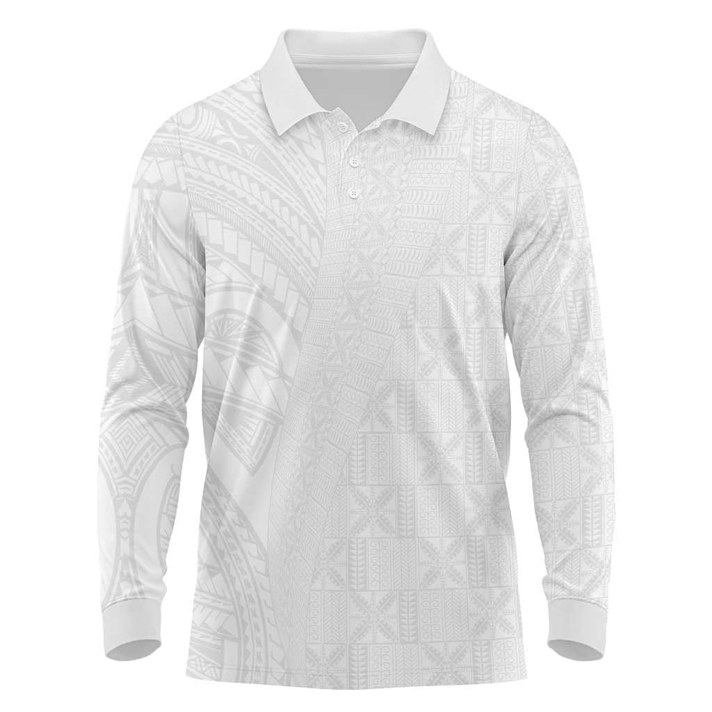 Niue White Sunday Long Sleeve Polo Shirt Hiapo Tribal Art Tattoos LT03 White - Polynesian Pride