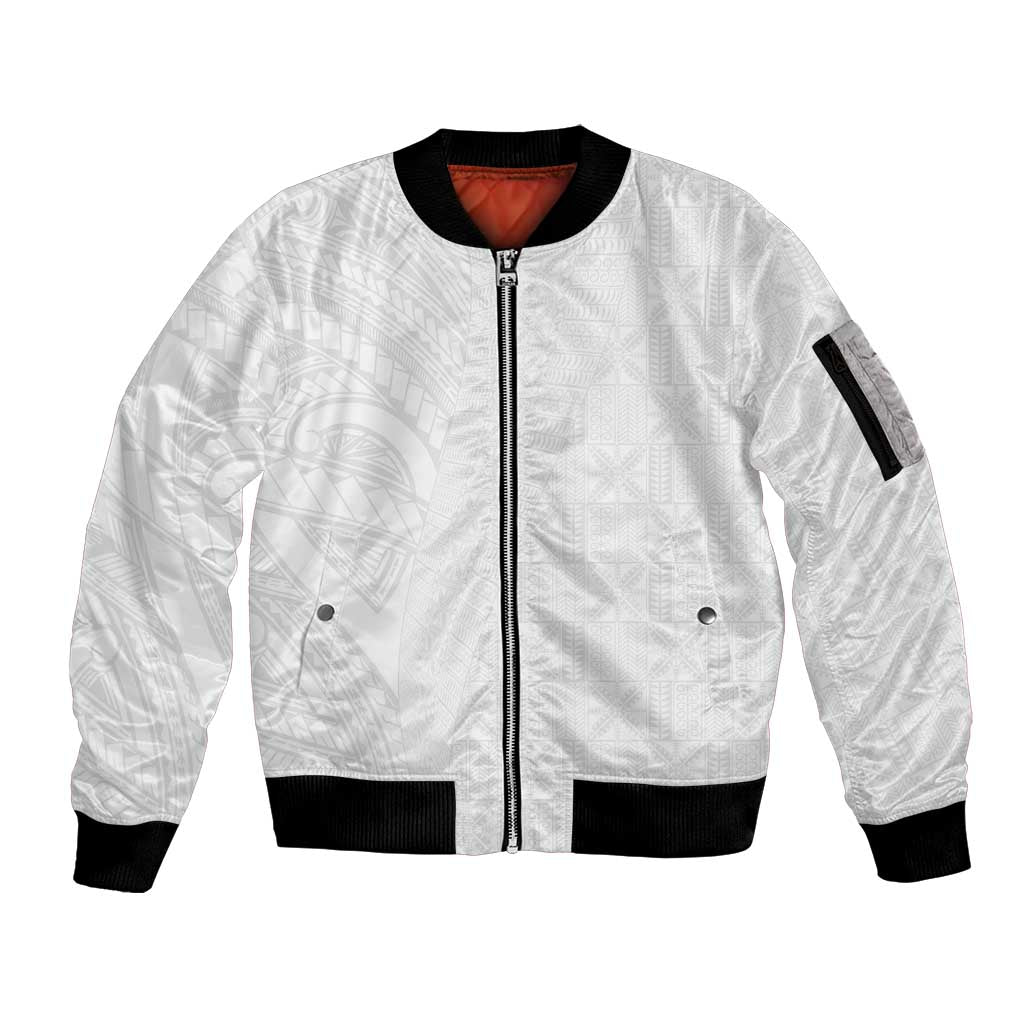 Niue White Sunday Sleeve Zip Bomber Jacket Hiapo Tribal Art Tattoos - Polynesian Pride