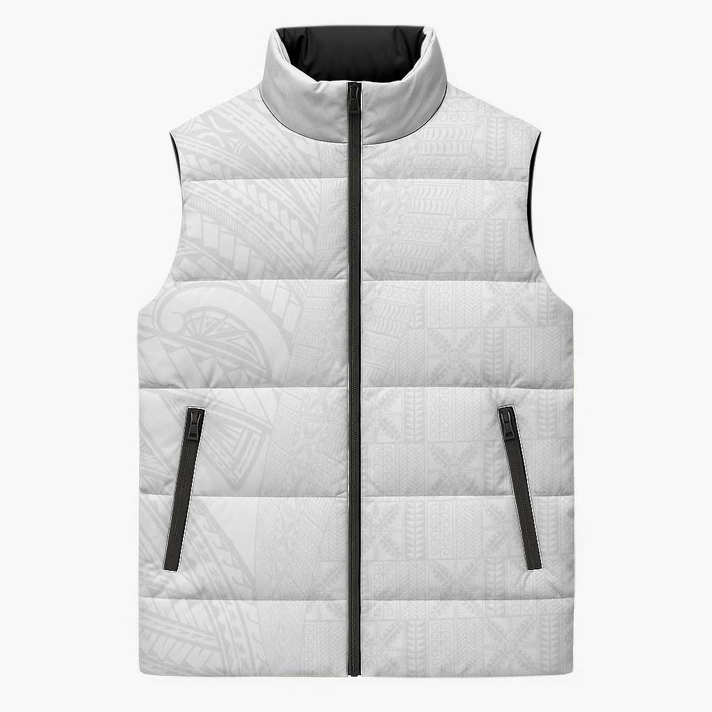 Niue White Sunday Sleeveless Puffer Jacket Hiapo Tribal Art Tattoos LT03 Unisex White - Polynesian Pride
