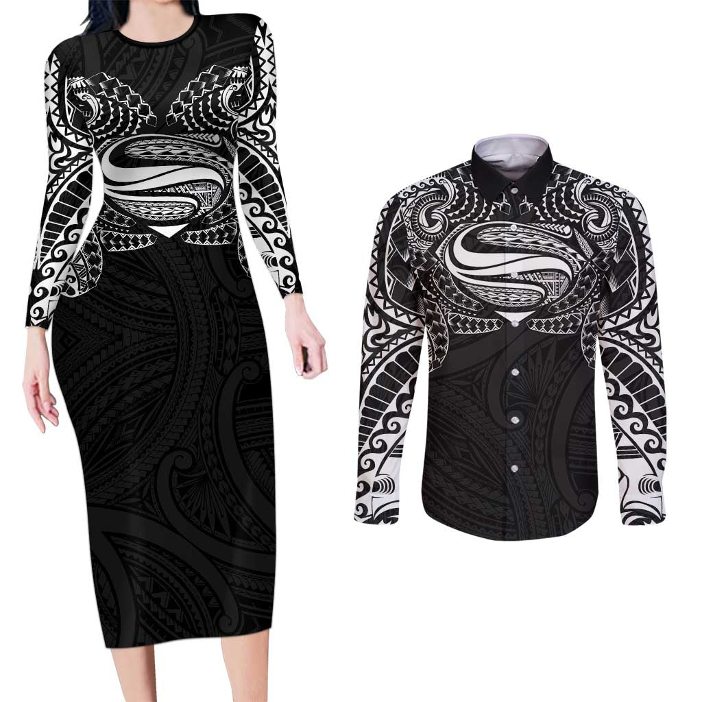 Super Samoan Traditional Tribal Art Tattoos Couples Matching Long Sleeve Bodycon Dress and Long Sleeve Button Shirt Black Color LT03 Black - Polynesian Pride