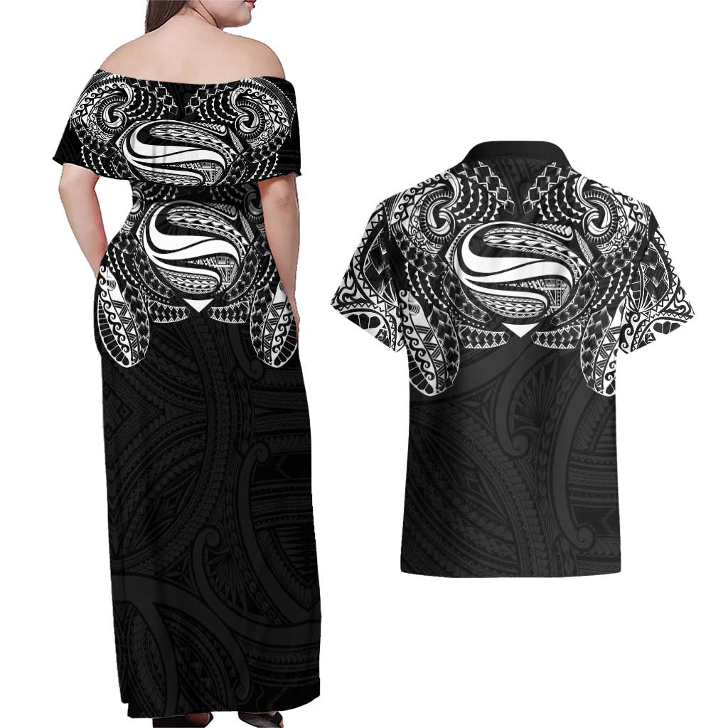 Super Samoan Traditional Tribal Art Tattoos Couples Matching Off Shoulder Maxi Dress and Hawaiian Shirt Black Color - Polynesian Pride